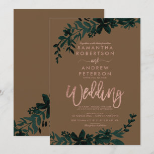 Ro guld typografi Blommigt brunt bröllop Inbjudningar