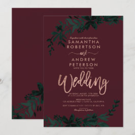 Ro guld-typografi Blommigt burgundy bröllop Inbjudningar