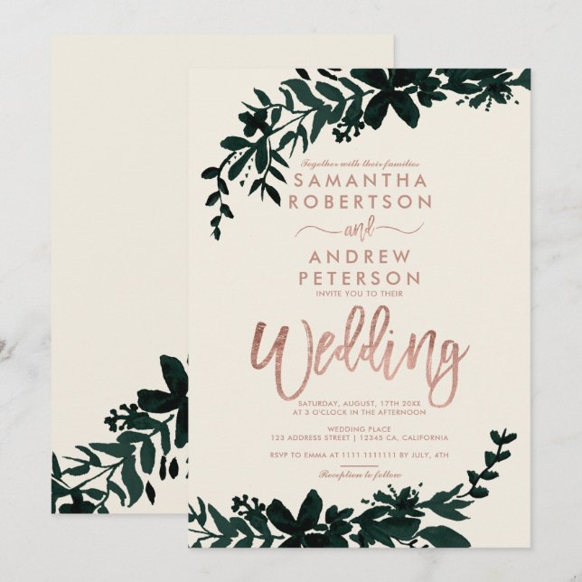 Ro guld typografi Blommigt elfenben bröllop Inbjudningar (Fram/baksida)