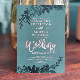 Ro guld-typografi Blommigt grönt bröllop Inbjudningar