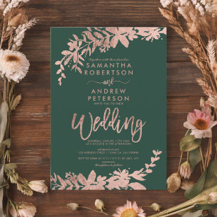 Ro guld-typografi Blommigt grönt bröllop Inbjudningar
