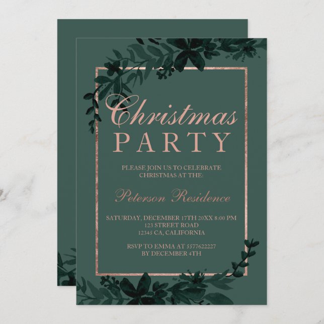 Ro guld-typografi Blommigt grönt löv jul Inbjudningar (Fram/baksida)