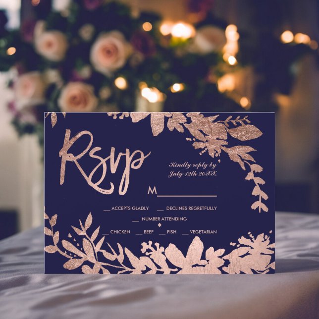 Ro Guld-typografi blommigt marin blått osa bröllop (Rose Gold typography floral navy blue rsvp wedding)
