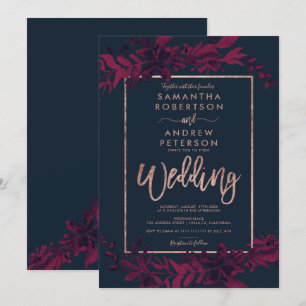 Ro guld, typografi, Blommigt, marinerad bröllop Inbjudningar