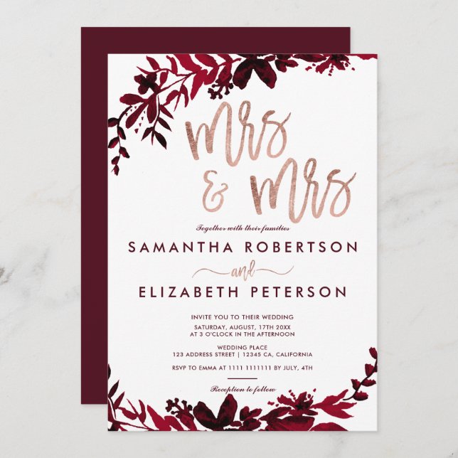 Ro guld typografi Blommigt röd lesbisk bröllop Inbjudningar (Fram/baksida)
