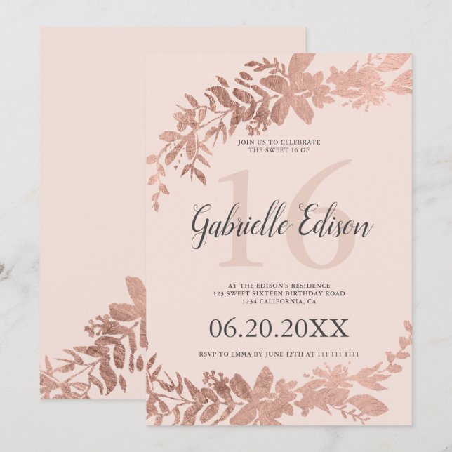 Ro guld typografi Blommigt  rosa Söt 16 Inbjudningar (Fram/baksida)