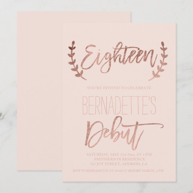 Ro guld typografi debut  18:e födelsedag inbjudningar (Fram/baksida)