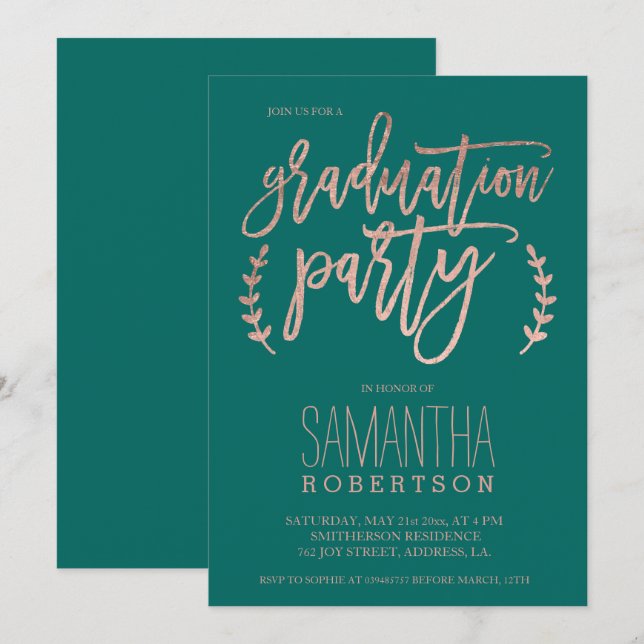 Ro guld-typografi emerald studentfest inbjudningar (Fram/baksida)
