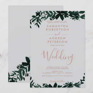Ro guld typografi grönt Blommigt grått bröllop Inbjudningar