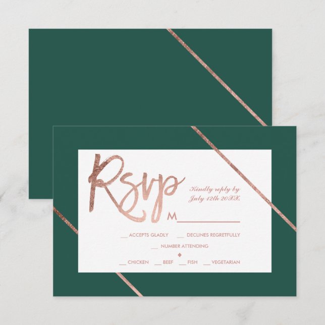 Ro guld-typografi rand grönt osa bröllop kort (Fram/baksida)