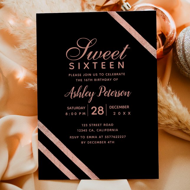 Ro guld typografi rand Söt 16 party Inbjudningar (Rose gold typography stripes Sweet 16 party Invitation)