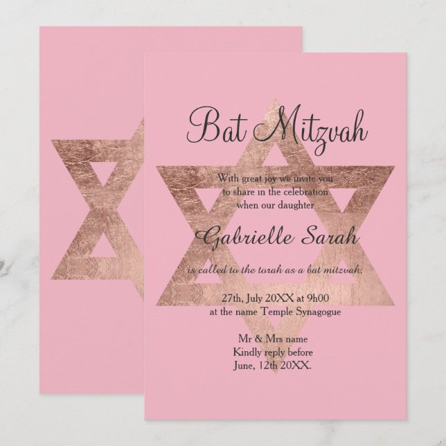 Ro guld-typografi rosa Bat mitzvah Inbjudningar (Fram/baksida)