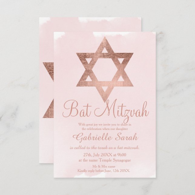 Ro guld-typografi  rosa Bat mitzvah Inbjudningar (Fram/baksida)
