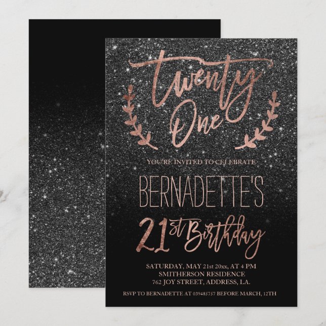 Ro guld typografi svart glitter 21:a födelsedag inbjudningar (Fram/baksida)