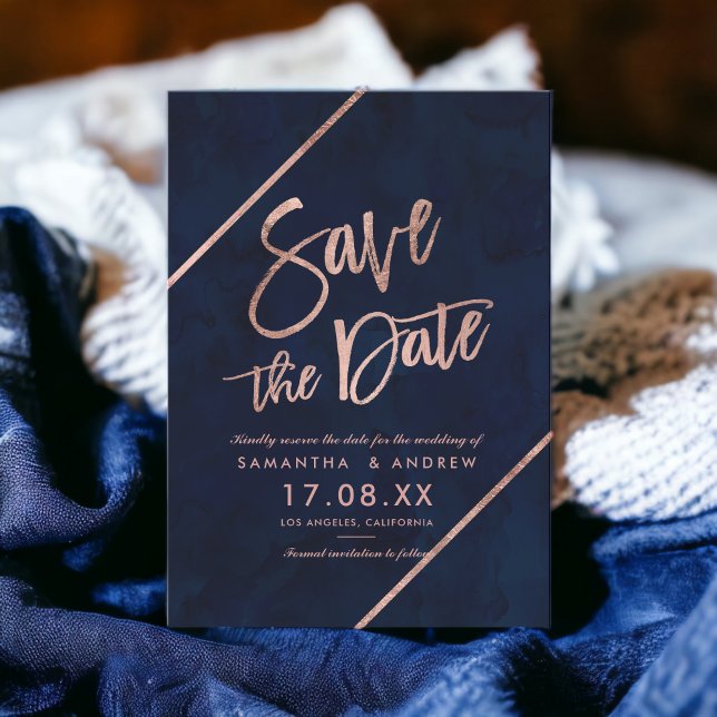 Ro guld-typografin rand-flottan sparar datum spara datumet (Rose gold typography stripes navy save the date)