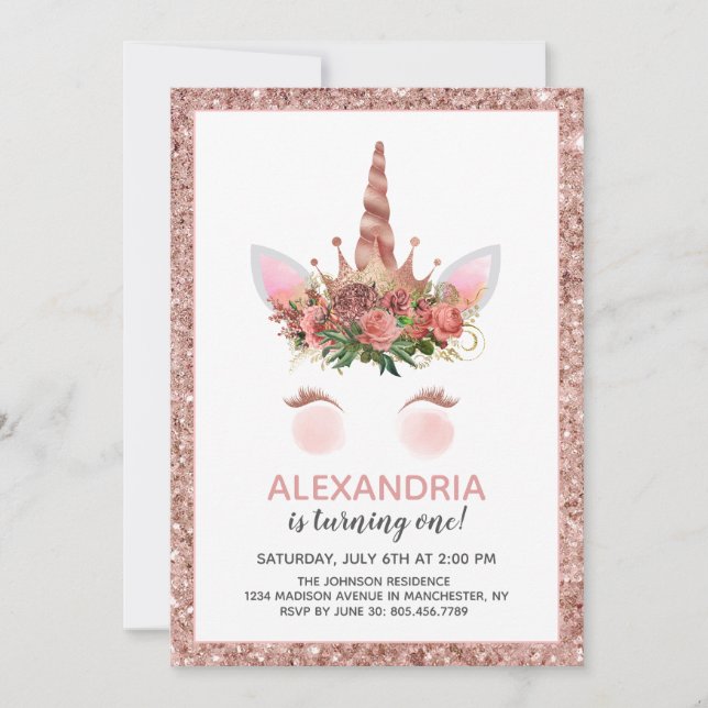 Ro Guld Unicorn Princess Birthday Inbjudningar (Framsida)