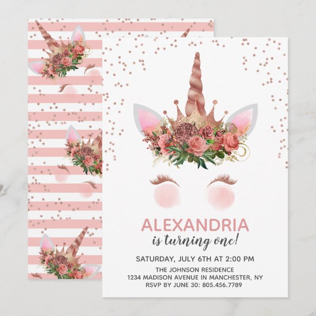 Ro Guld Unicorn Princess Birthday Inbjudningar (Fram/baksida)