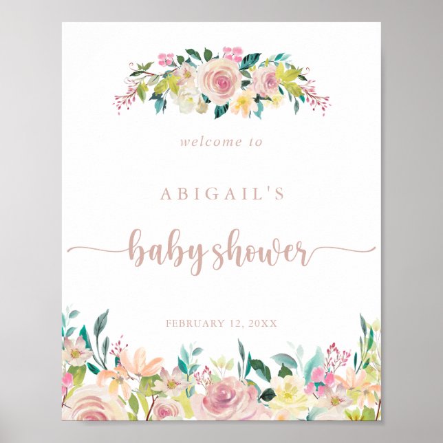 Ro Guld Vår Blommigt Baby Shower Välkommen Poster (Framsidan)