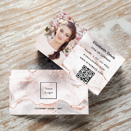 Ro guld, vit agate marble-foto QR-logotyp Visitkort