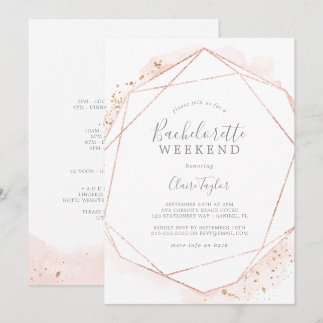 Ro Guld Watercolor Bachelorette Helg Inbjudningar (Fram/baksida)