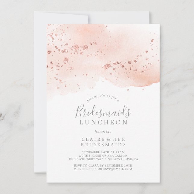 Ro Guld Watercolor Bridesmaids Luncheon Inbjudningar (Framsida)
