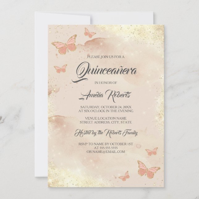 Ro Guld Watercolor Butterfly Dress Quinceanera Inbjudningar (Framsida)