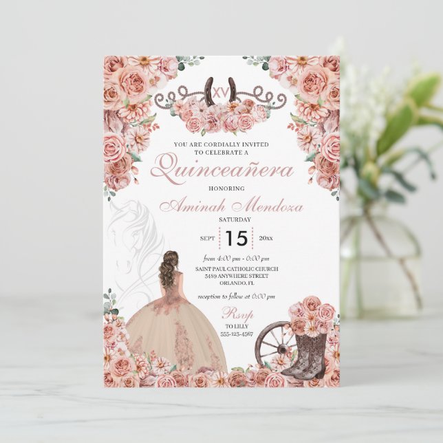 Ro Guld Western Charra Blommigt Boots Quinceañera Inbjudningar (Stående Fram)