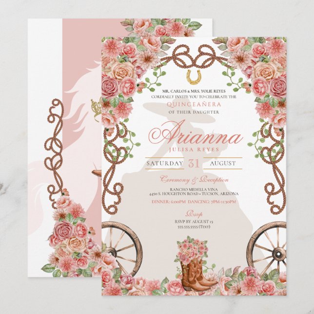 Ro Guld Western Charra Ranchera Quinceañera Inbjudningar (Fram/baksida)