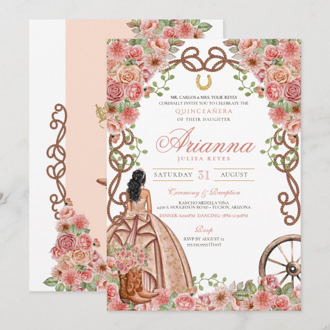 Ro Guld Westerna Ranch Charra Quinceañera Inbjudningar (Fram/baksida)