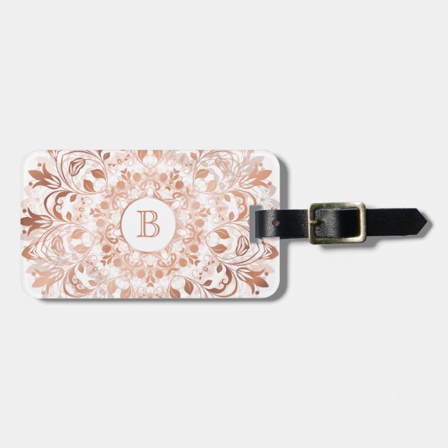 Ro Guld White Blommigt Mandala Monogram Bagagebricka (Horisontell Framsida)