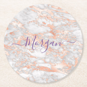 Ro Guld & White Marble, Lila Script Namn Underlägg Papper Rund
