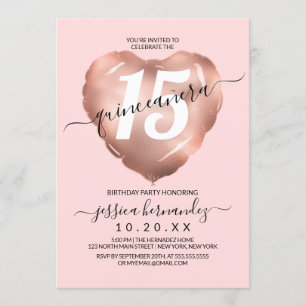 Ro-guldfärgat foil Heart Balloon Quinceañera Inbjudningar