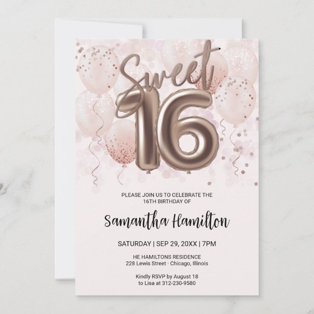 Ro guldfjällsvett 16 dagarsballonger Party Rosa Inbjudningar (Framsida)