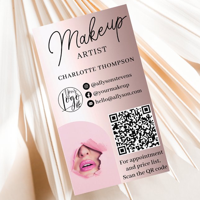 Ro Guldfolie, makeup-logotyp, Qr-kod 2 foton Visitkort (Rose Gold foil makeup logo Qr code 2 photos Business Card)