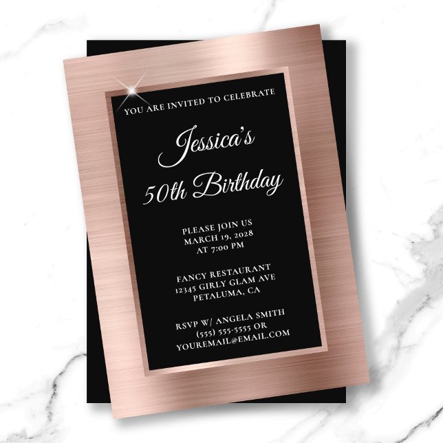 Ro Gulffett och svart överlägg 50:e födelsedagen Inbjudningar (Rose Gold Foil and Black Overlay 50th Birthday Invitation)