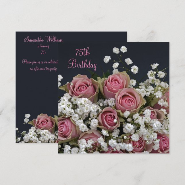 Ro & Gypsophila Bouquet 75:e Birthday Inbjudningar (Fram/baksida)