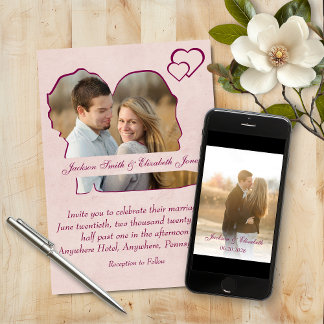 Ro Hearts Bride and Groom Shape Photo Bröllop Inbjudningar