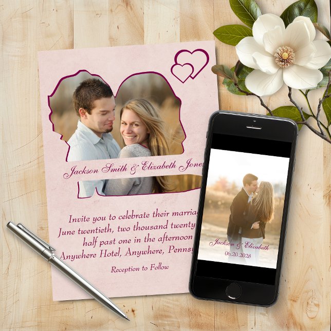 Ro Hearts Bride and Groom Shape Photo Bröllop Inbjudningar (Skapare uppladdad)