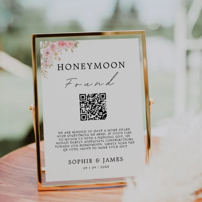 Ro Honeymoon Fund QR Code Bröllop Sign, Inbjudningar (Rose Honeymoon Fund QR Code Wedding Sign, Invitation)