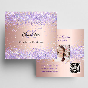 Ro lavender glitter fotoqr-kod för guld fyrkantigt visitkort