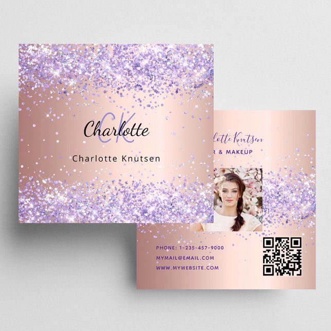 Ro lavender glitter fotoqr-kod för guld fyrkantigt visitkort (Skapare uppladdad)