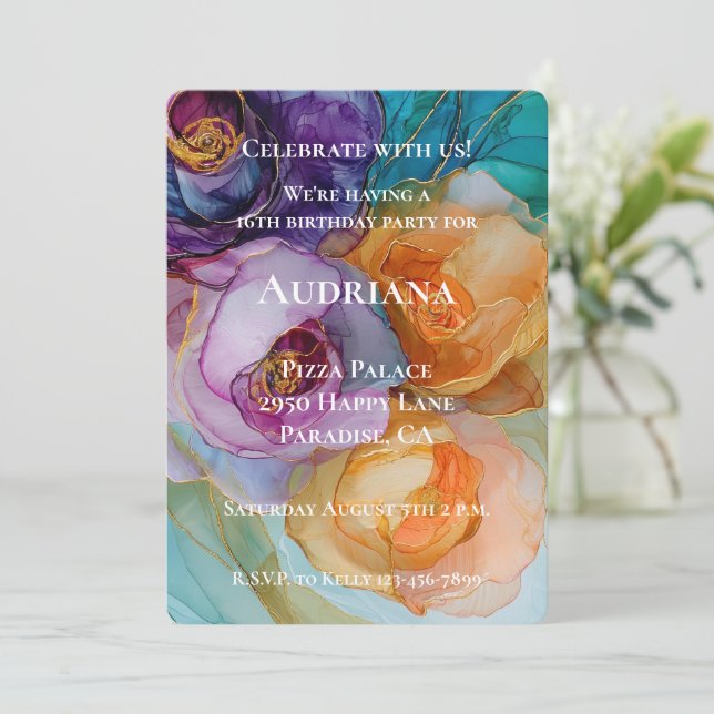 Ro Lila Rosa Peach Gult Blommigt Födelsedag Inbjudningar (Stående Fram)