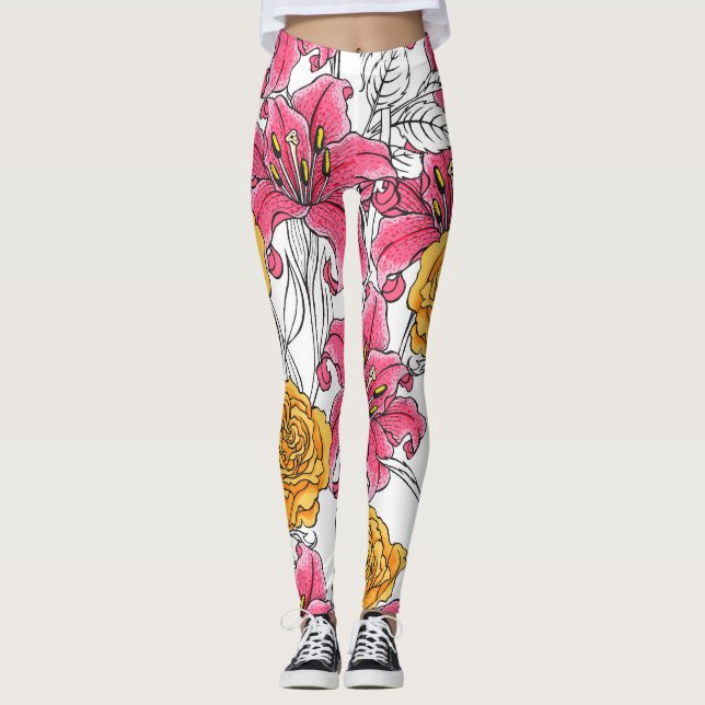 Ro Lilies Hand plockade Mönster Leggings (Framsida)