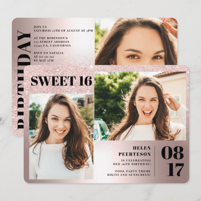Ro metallic glitter 3-foton Söt 16-årsdag Inbjudningar (Fram/baksida)