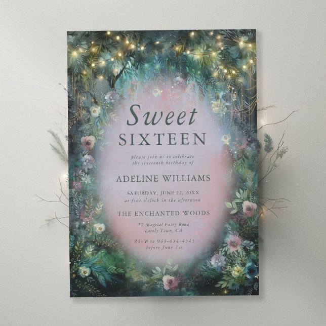 Ro Misty Rosa Grönt Sweet 16 Inbjudningar (enchanted forest sweet sixteen invite wild roses misty pink emerald green magical woodland fairytale)