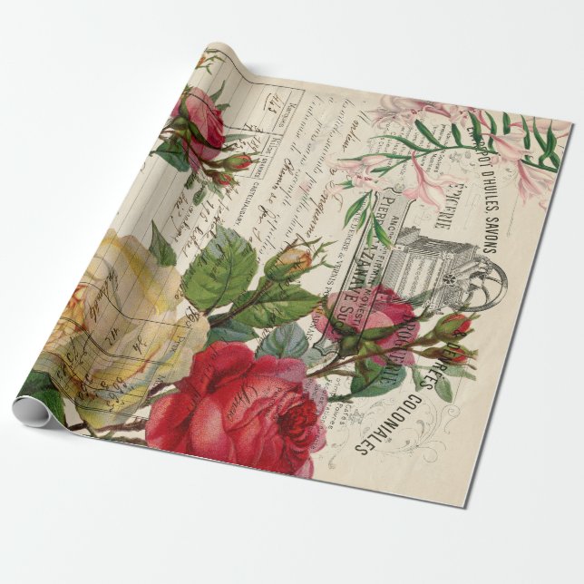 Ro och Blommigt Ephemera Presentpapper (Utrullad)