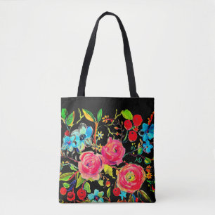 Ro och Cherry Blommar Black Tygkasse