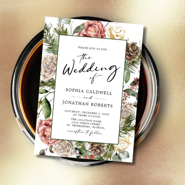 Ro och Gräs Calligraphy Blommigt Winter Wedding Inbjudningar (Roses and Pine Calligraphy Christmas Theme Floral Wedding Invitation)