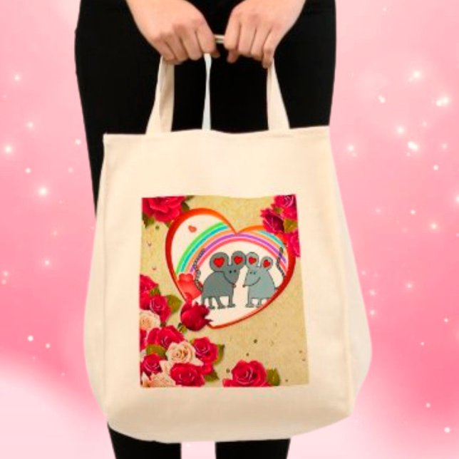 Ro och Heart Ram-möss med regnbåge Tygkasse (Roses and Heart Frame Mice with Rainbow Tote Bag)