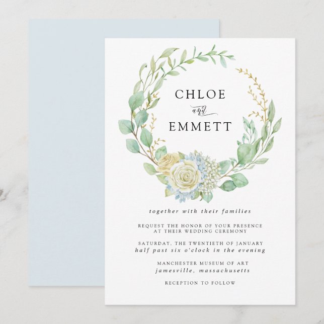 Ro och Hydrangea Blommigt Bröllop Inbjudningar (Fram/baksida)